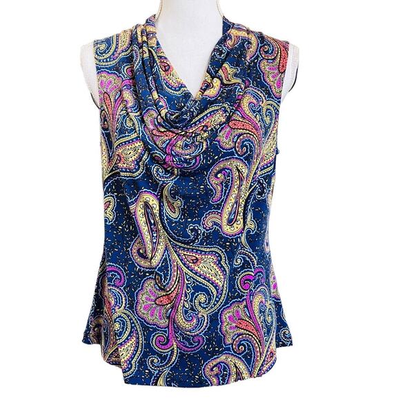 Tahari Pink Blue Yellow Paisley Cowl Neck Top Medium - Picture 1 of 3